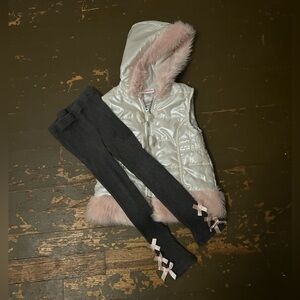 Little Lass White Puffer Vest with Pink Faux Fur Trim and Charcoal Tights Set